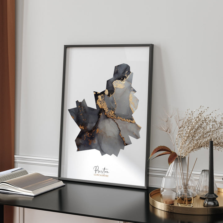 Preston Map Black and Gold Wall Art Print | Lancashire | England | United Kingdom | Great Britain