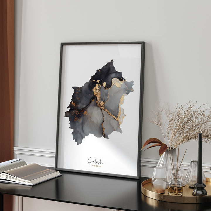 Carlisle Map Black and Gold Wall Art Print | Cumbria | England | United Kingdom | Great Britain