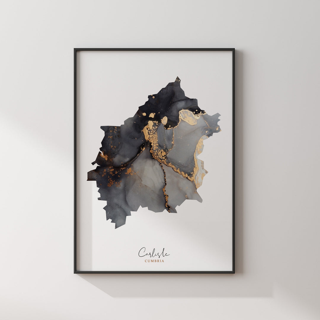 Carlisle Map Black and Gold Wall Art Print | Cumbria | England | United Kingdom | Great Britain