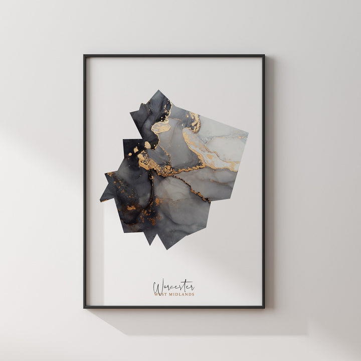 Worcester Map Black and Gold Wall Art Print | West Midlands | England | United Kingdom | Great Britain