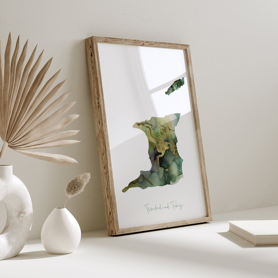 Shades of Sage Green Trinidad and Tobago Map Wall Art Print