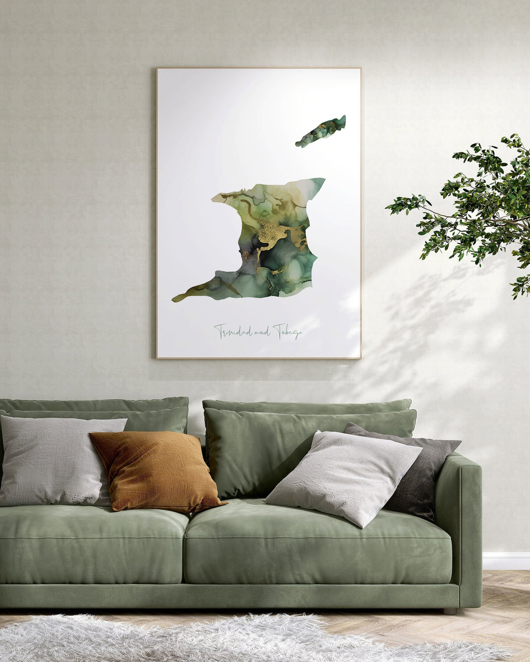 Shades of Sage Green Trinidad and Tobago Map Wall Art Print