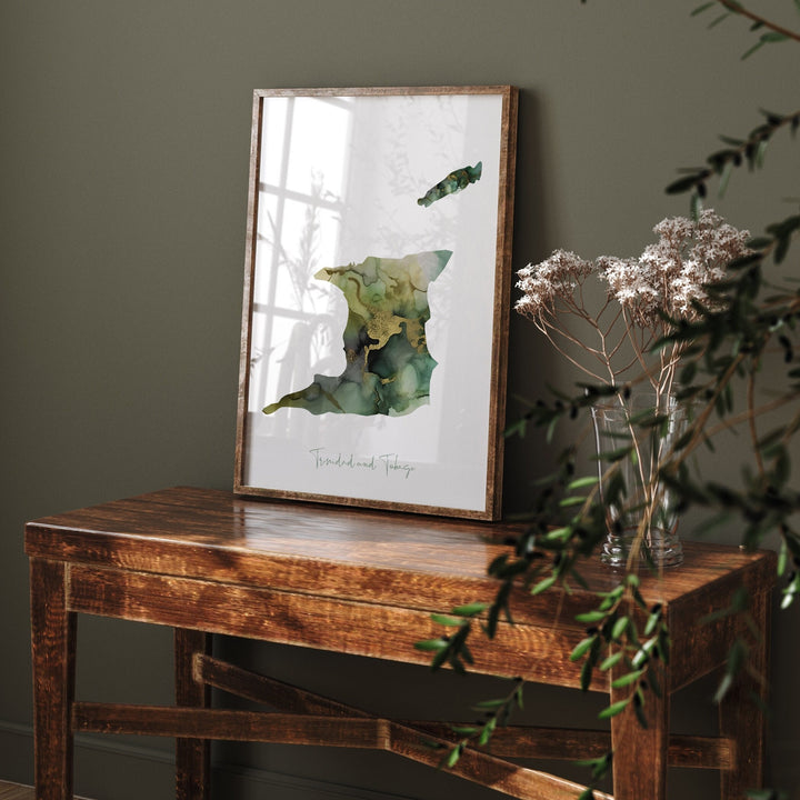 Shades of Sage Green Trinidad and Tobago Map Wall Art Print