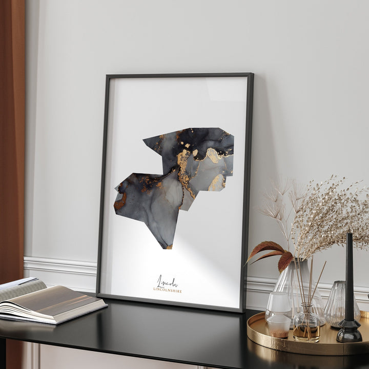 Lincoln Map Black and Gold Wall Art Print | Lincolnshire | England | United Kingdom | Great Britain