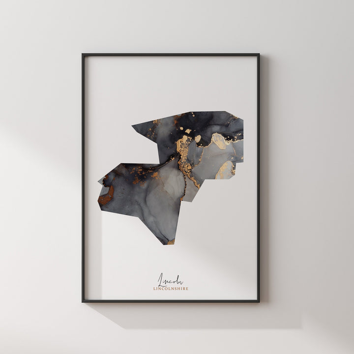 Lincoln Map Black and Gold Wall Art Print | Lincolnshire | England | United Kingdom | Great Britain