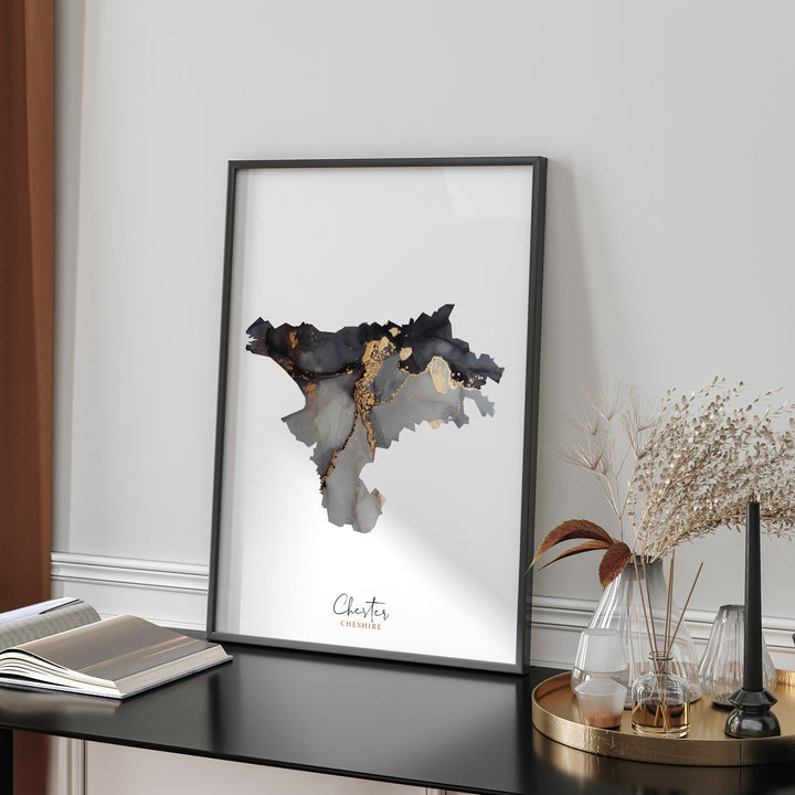 Chester Map Black and Gold Wall Art Print | Cheshire | England | United Kingdom | Great Britain