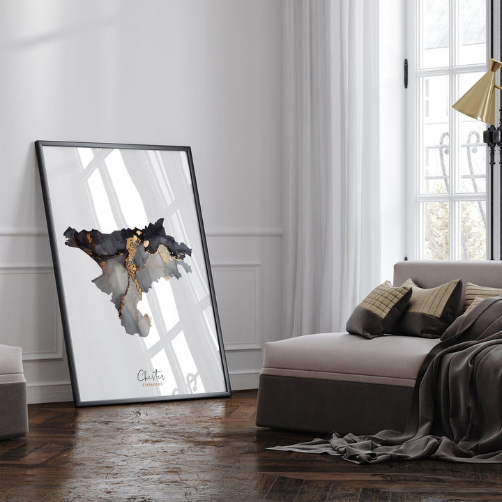 Chester Map Black and Gold Wall Art Print | Cheshire | England | United Kingdom | Great Britain