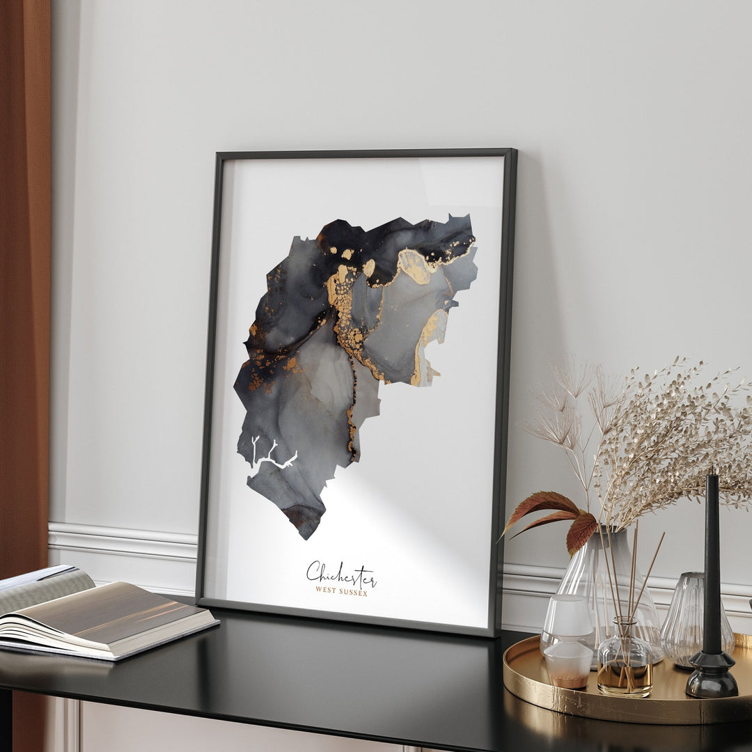 Chichester Map Black and Gold Wall Art Print | West Sussex | England | United Kingdom | Great Britain