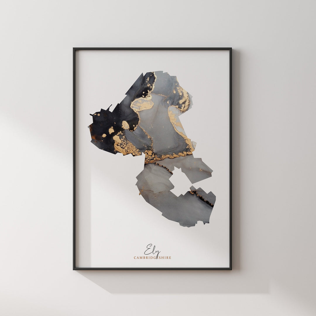 Ely Map Black and Gold Wall Art Print | Cambridgeshire | England | United Kingdom | Great Britain