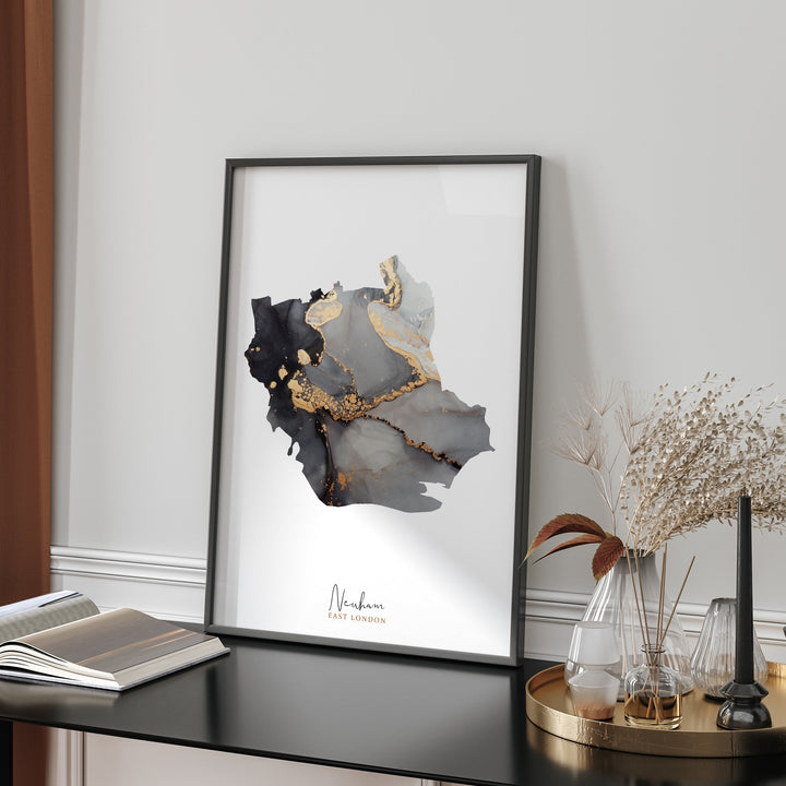 Newham Map Black and Gold Wall Art Print | East London | England | United Kingdom | Great Britain