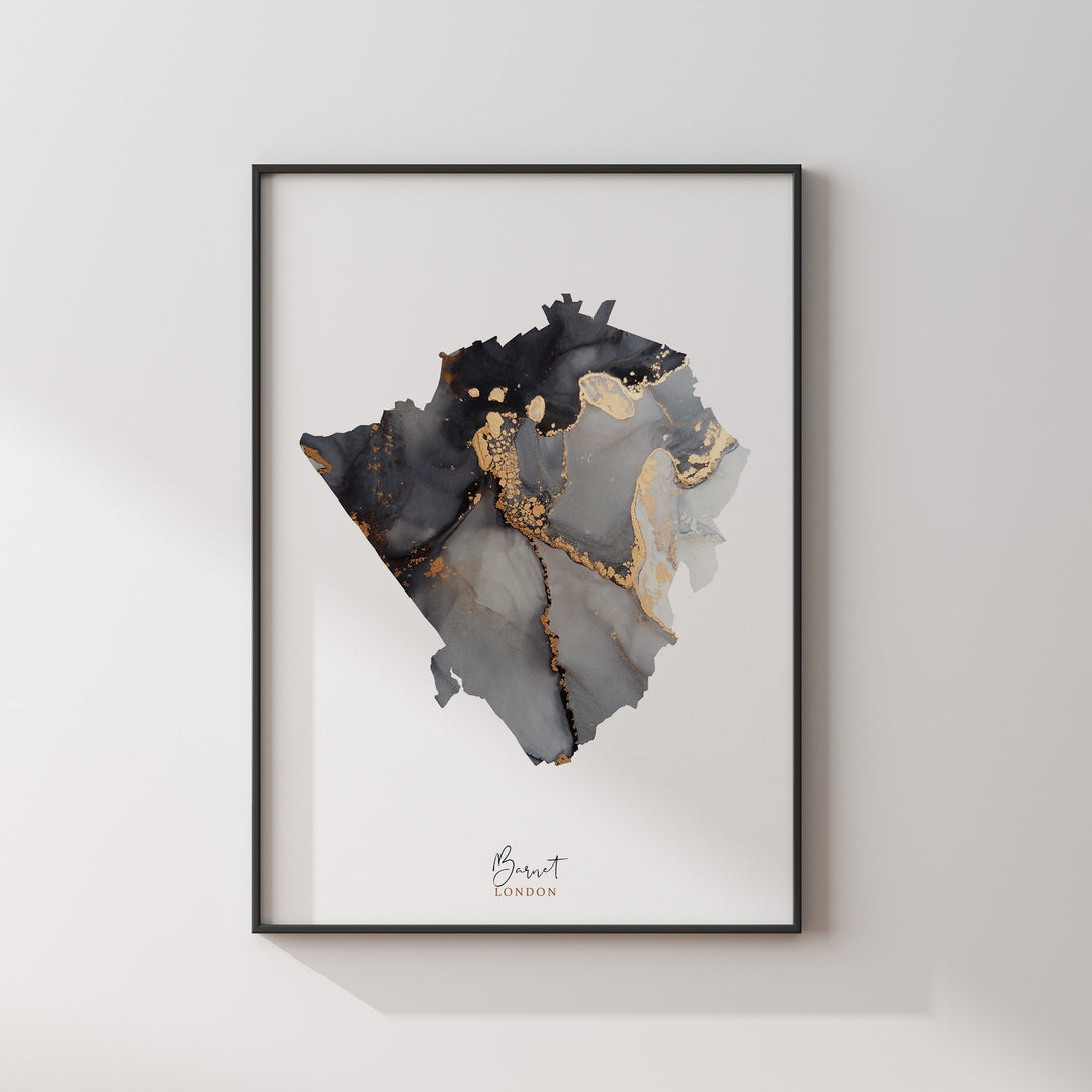 Barnet, North London Map Black and Gold Wall Art Print | London | England | United Kingdom | Great Britain