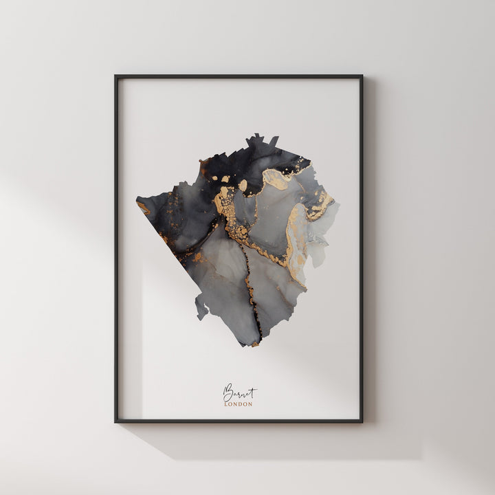 Barnet, North London Map Black and Gold Wall Art Print | London | England | United Kingdom | Great Britain
