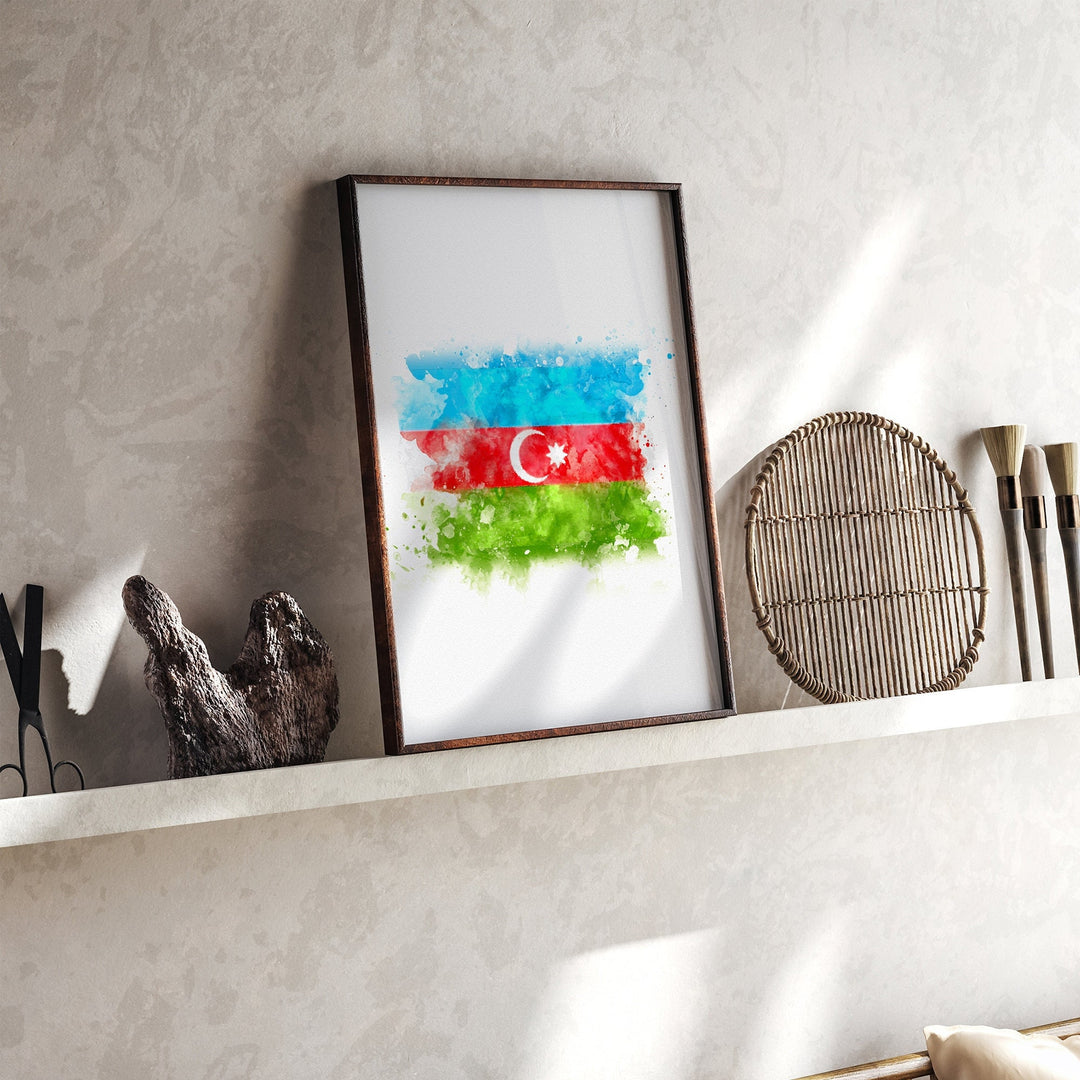 Azerbaijan Watercolor Flag Wall Art Print | Azerbaijan Travel Poster | Azerbaijani Art