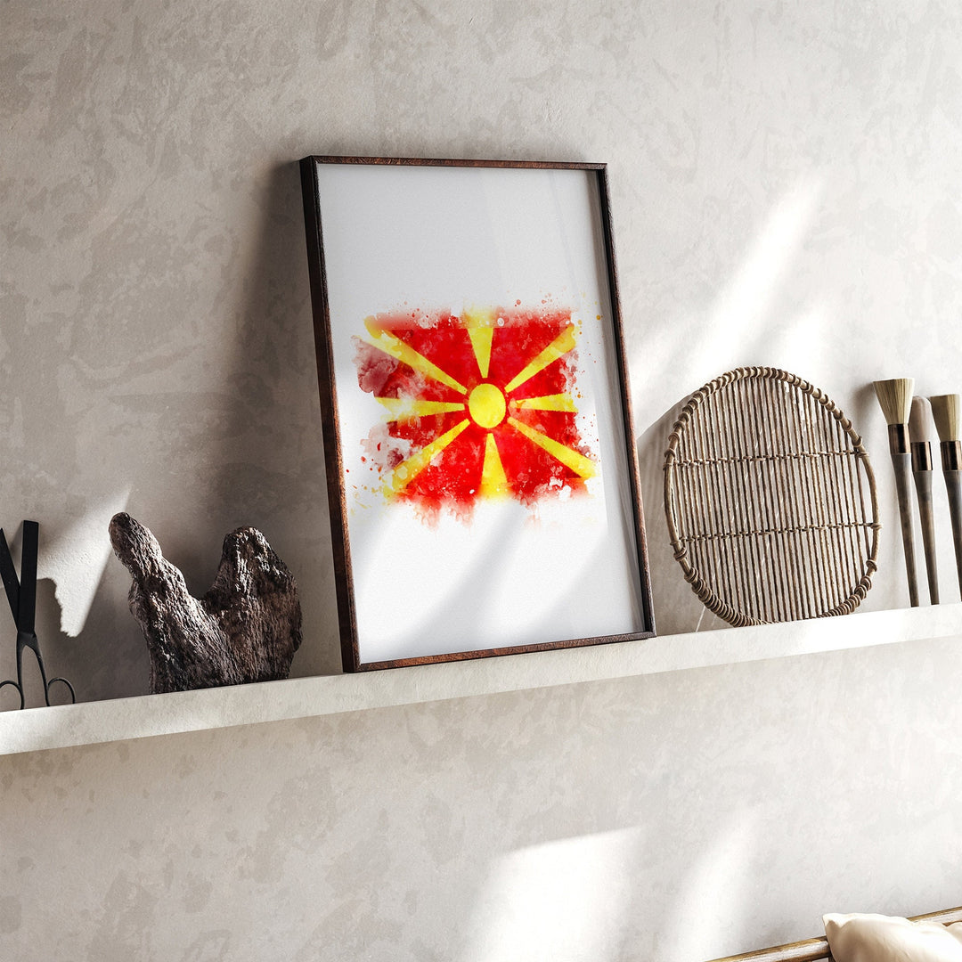 North Macedonia Watercolor Flag Wall Art Print | North Macedonia Travel Poster