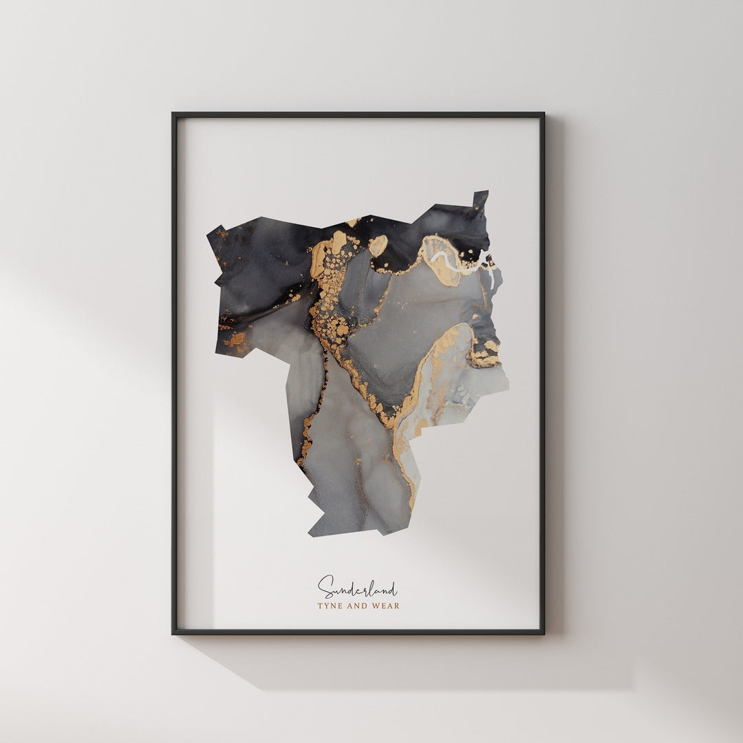 Sunderland Map Black & Gold Wall Art Print | Tyne and Wear | England | United Kingdom | Great Britain