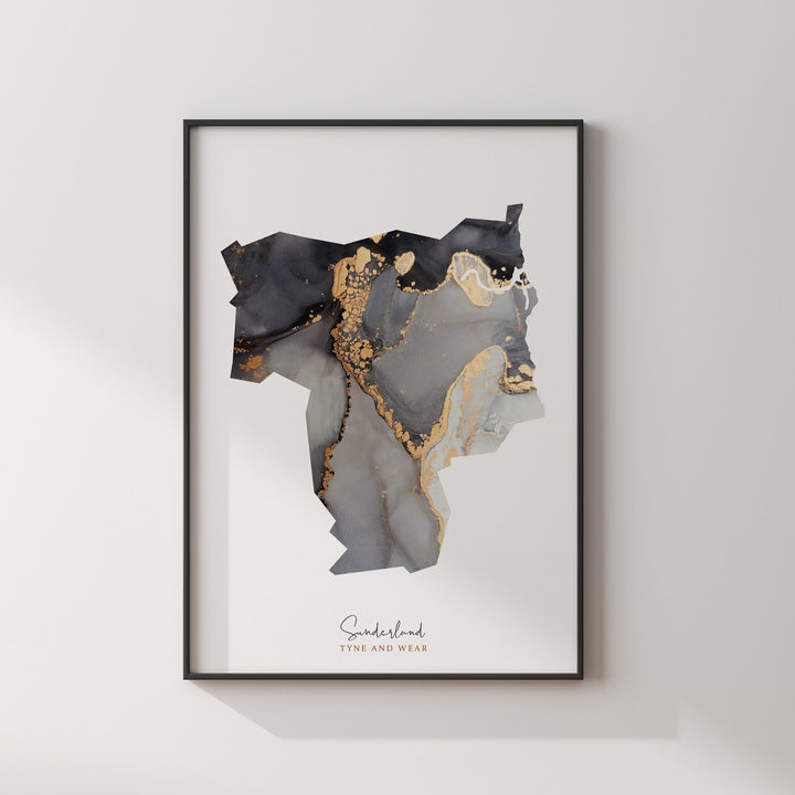 Sunderland Map Black & Gold Wall Art Print | Tyne and Wear | England | United Kingdom | Great Britain