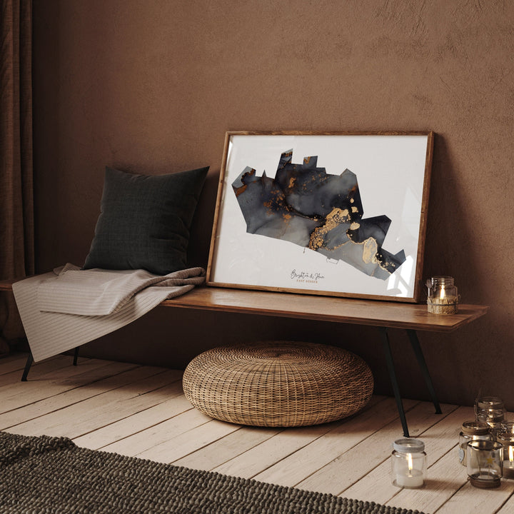 Brighton & Hove Map Black and Gold Wall Art Print | East Sussex | England | United Kingdom | Great Britain