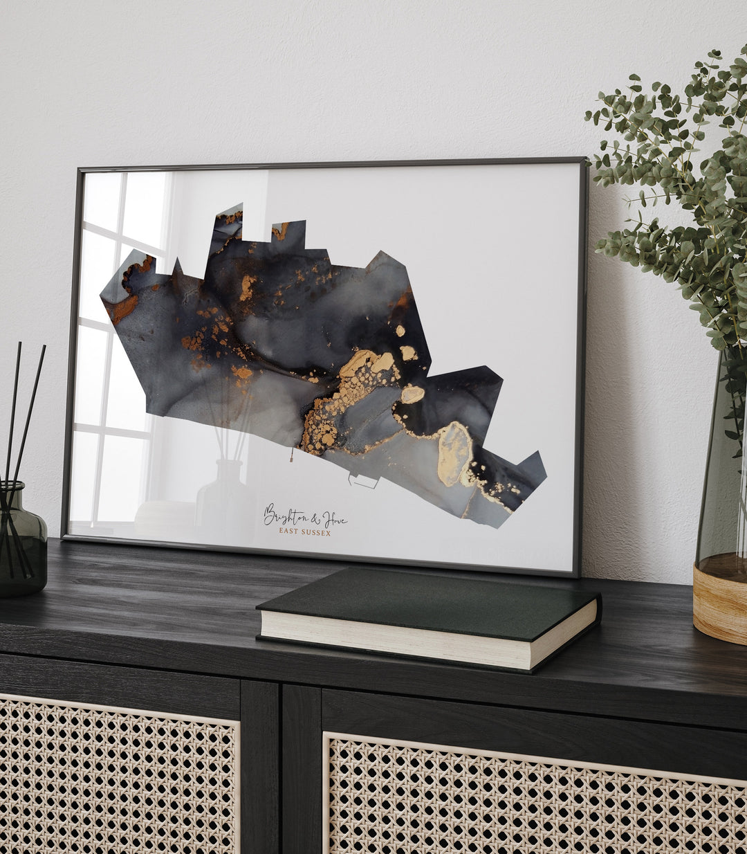 Brighton & Hove Map Black and Gold Wall Art Print | East Sussex | England | United Kingdom | Great Britain