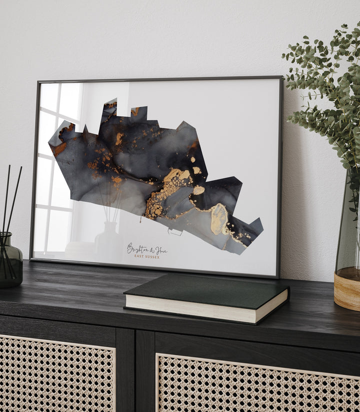 Brighton & Hove Map Black and Gold Wall Art Print | East Sussex | England | United Kingdom | Great Britain