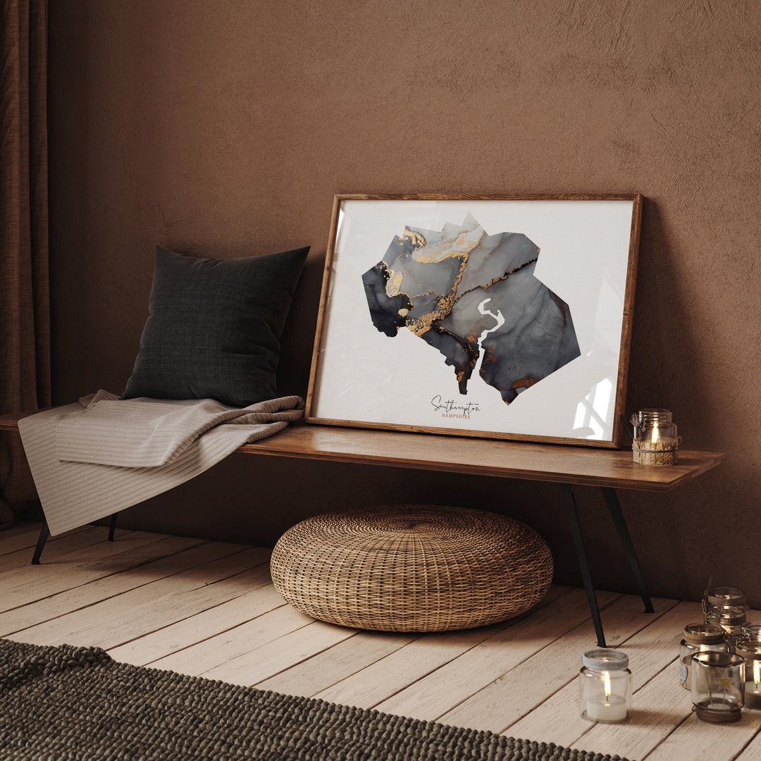 Southampton Map Black and Gold Wall Art Print | Hampshire | England | United Kingdom | Great Britain