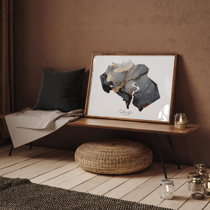 Southampton Map Black and Gold Wall Art Print | Hampshire | England | United Kingdom | Great Britain