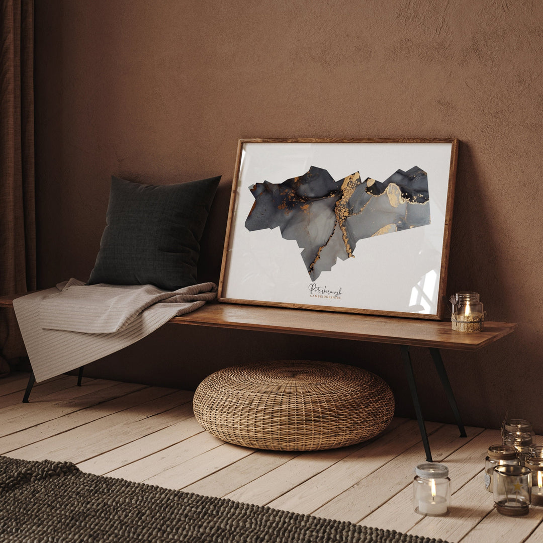 Peterborough Map Black and Gold Wall Art Print | Cambridgeshire | England | United Kingdom | Great Britain