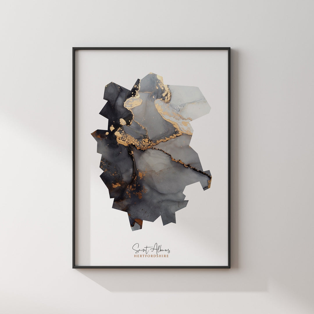 Saint Albans Map Black and Gold Wall Art Print | Hertfordshire | England | United Kingdom | Great Britain