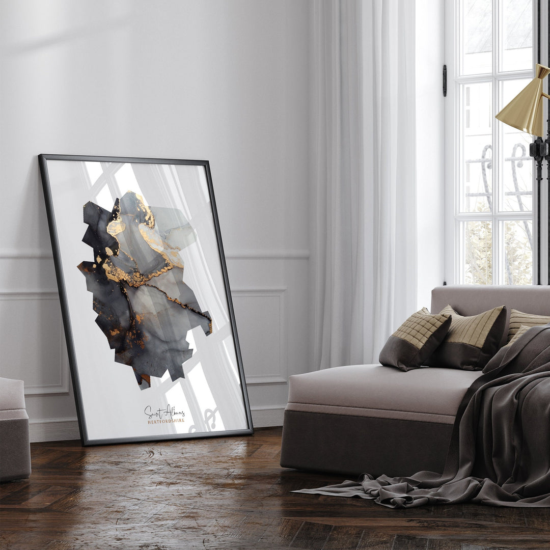 Saint Albans Map Black and Gold Wall Art Print | Hertfordshire | England | United Kingdom | Great Britain