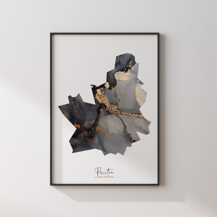 Preston Map Black and Gold Wall Art Print | Lancashire | England | United Kingdom | Great Britain