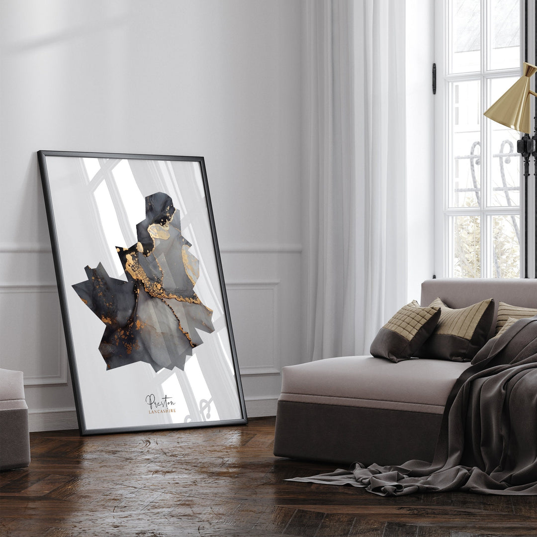 Preston Map Black and Gold Wall Art Print | Lancashire | England | United Kingdom | Great Britain