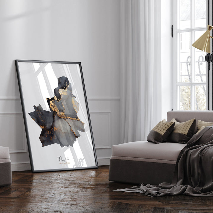 Preston Map Black and Gold Wall Art Print | Lancashire | England | United Kingdom | Great Britain