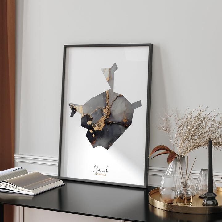Norwich Map Black and Gold Wall Art Print | Norfolk | England | United Kingdom | Great Britain