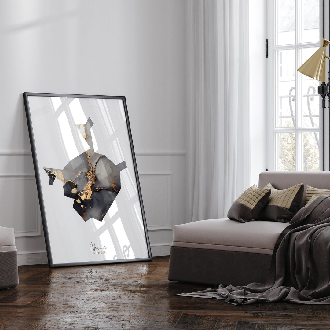Norwich Map Black and Gold Wall Art Print | Norfolk | England | United Kingdom | Great Britain