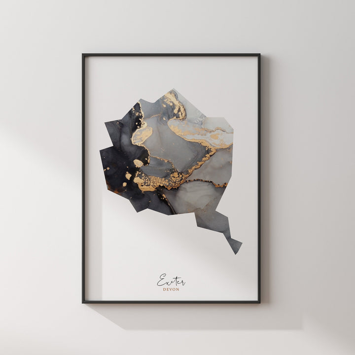 Exeter Map Black and Gold Wall Art Print | Devon | England | United Kingdom | Great Britain