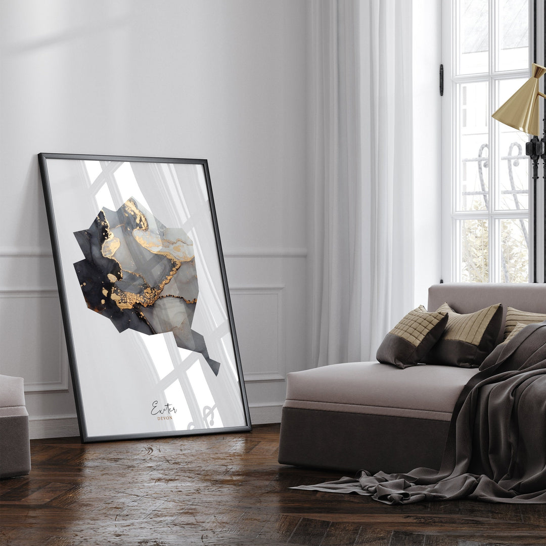 Exeter Map Black and Gold Wall Art Print | Devon | England | United Kingdom | Great Britain