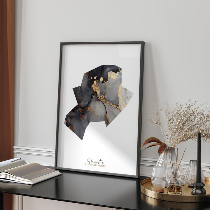 Gloucester Map Black and Gold Wall Art Print | Gloucestershire | England | United Kingdom | Great Britain