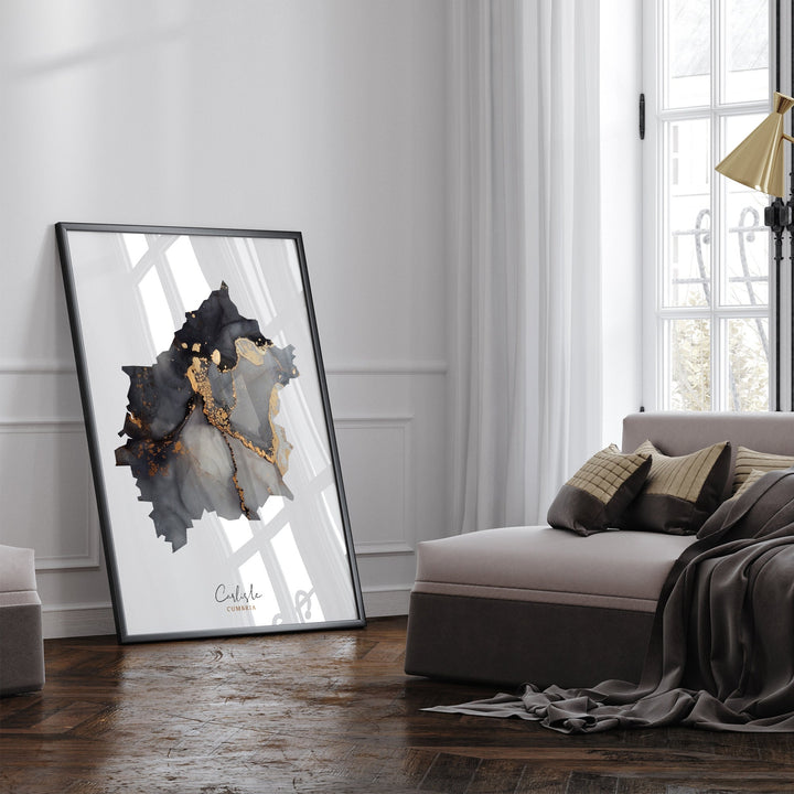 Carlisle Map Black and Gold Wall Art Print | Cumbria | England | United Kingdom | Great Britain