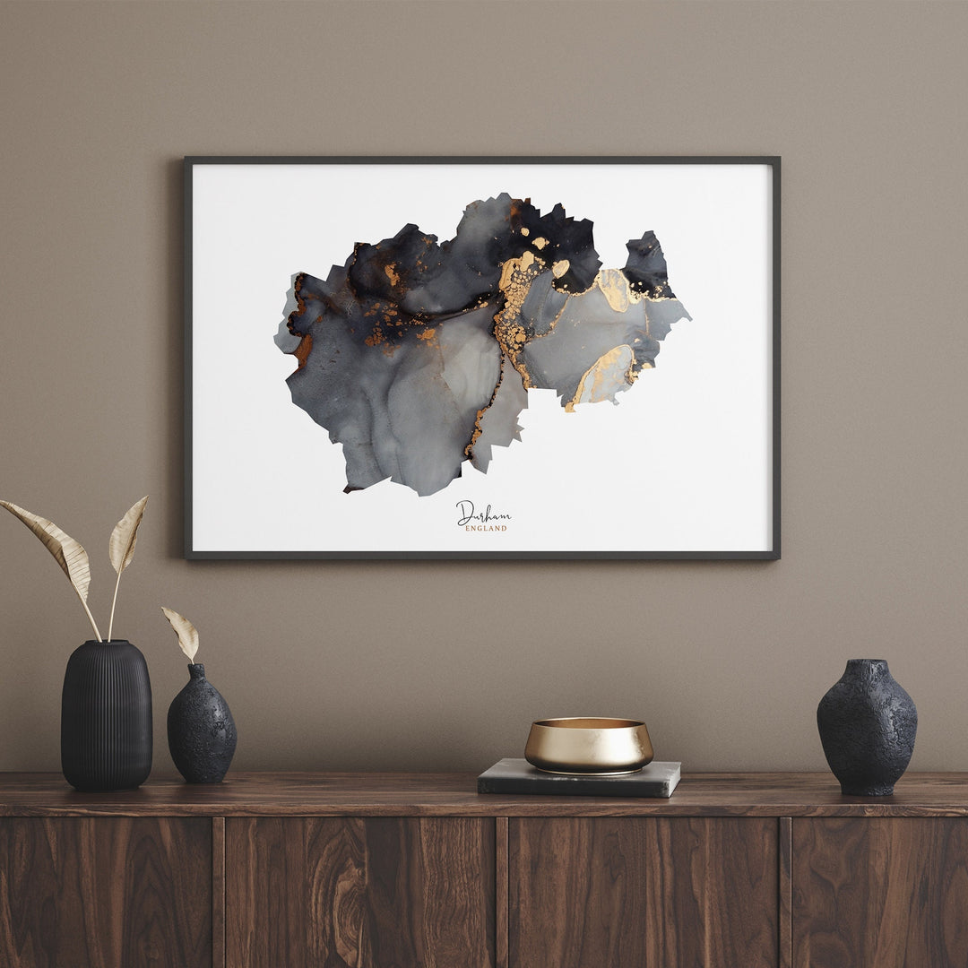 Durham Map Black and Gold Wall Art Print | England | United Kingdom | Great Britain