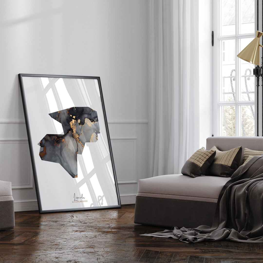 Lincoln Map Black and Gold Wall Art Print | Lincolnshire | England | United Kingdom | Great Britain