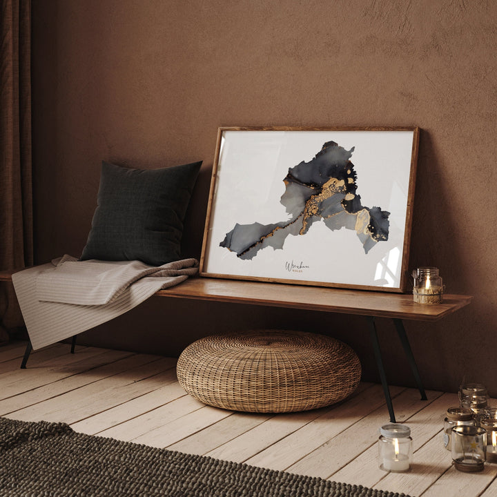 Wrexham Map Black and Gold Wall Art Print | Wales | United Kingdom | Great Britain