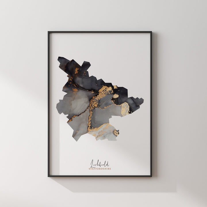 Lichfield Map Black and Gold Wall Art Print | Staffordshire | England | United Kingdom | Great Britain