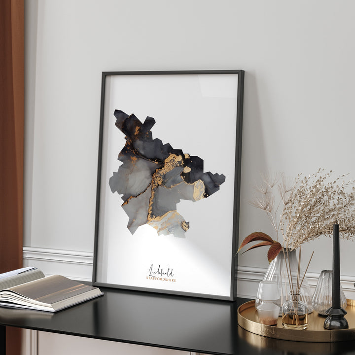 Lichfield Map Black and Gold Wall Art Print | Staffordshire | England | United Kingdom | Great Britain