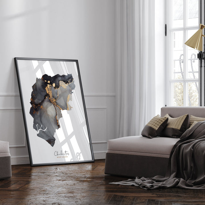 Chichester Map Black and Gold Wall Art Print | West Sussex | England | United Kingdom | Great Britain