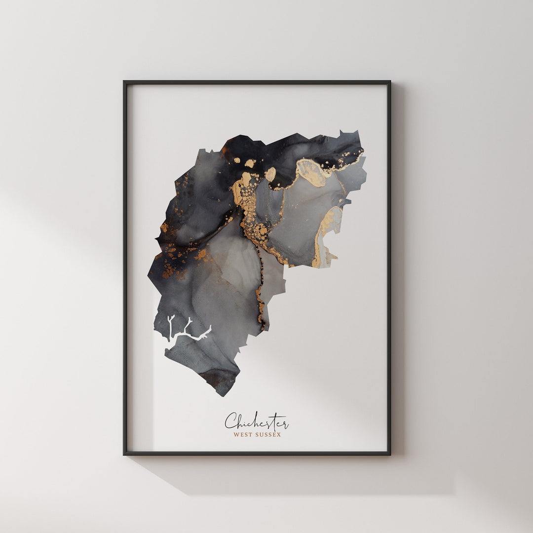 Chichester Map Black and Gold Wall Art Print | West Sussex | England | United Kingdom | Great Britain