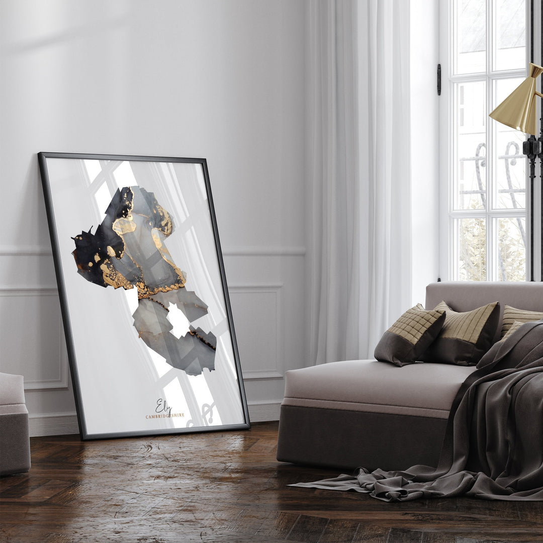 Ely Map Black and Gold Wall Art Print | Cambridgeshire | England | United Kingdom | Great Britain