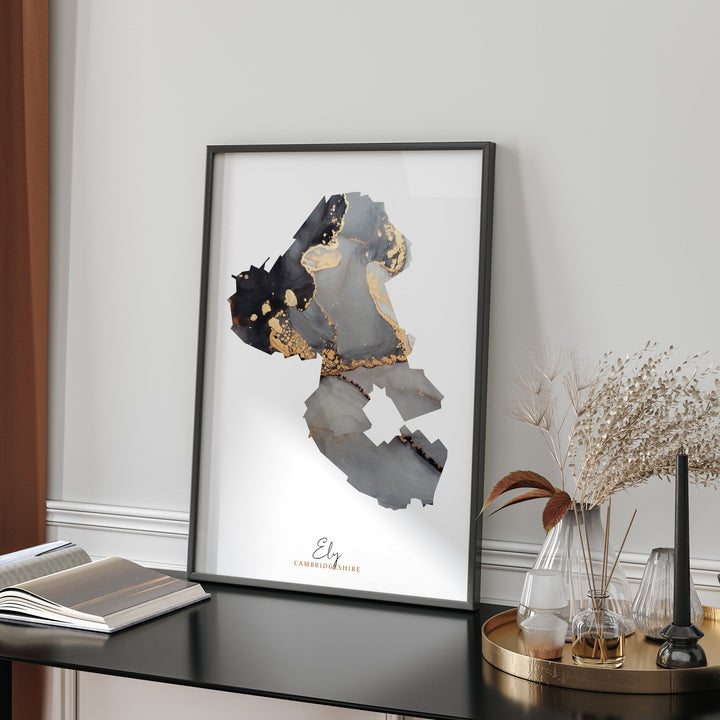 Ely Map Black and Gold Wall Art Print | Cambridgeshire | England | United Kingdom | Great Britain