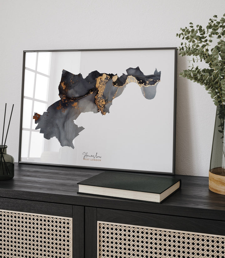 Hounslow Map Black and Gold Wall Art Print | West London | England | United Kingdom | Great Britain