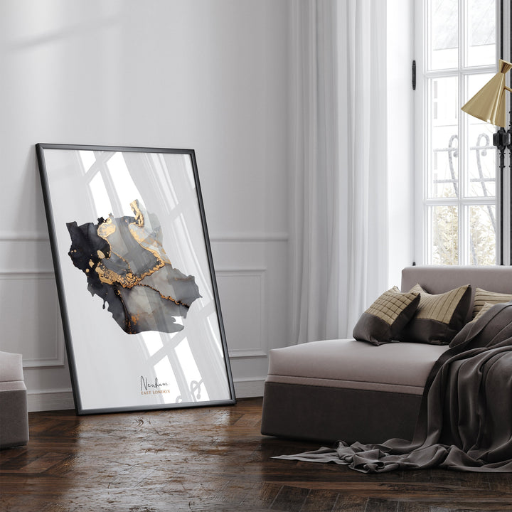 Newham Map Black and Gold Wall Art Print | East London | England | United Kingdom | Great Britain