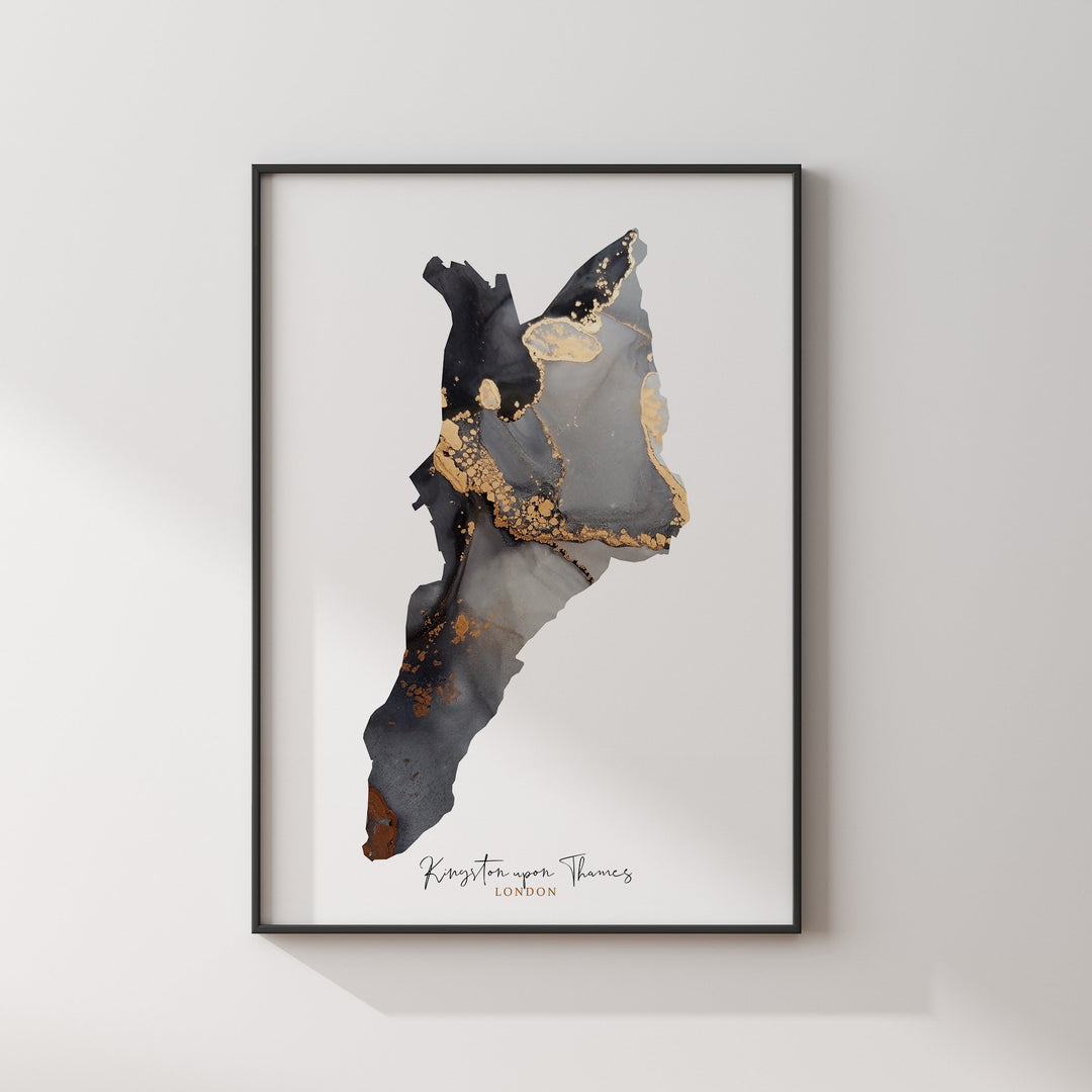 Kingston upon Thames Map Black and Gold Wall Art Print | London | England | United Kingdom | Great Britain