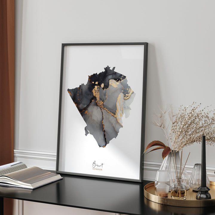 Barnet, North London Map Black and Gold Wall Art Print | London | England | United Kingdom | Great Britain